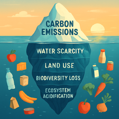 Iceberg visualisation showing visible carbon emissions above the waterline and hidden environmental impacts of food production below