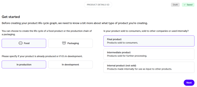 Product type selection screen for modelling a new product