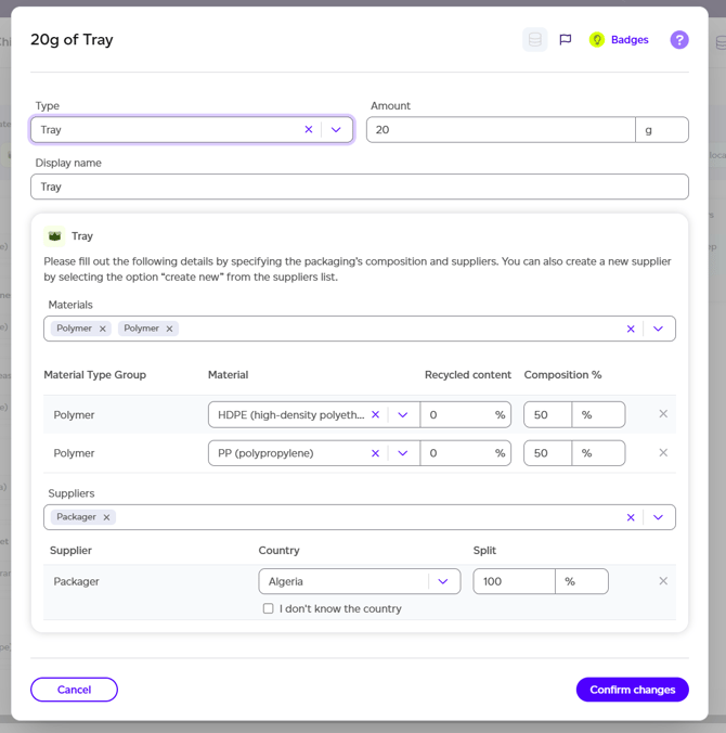Raw material dataset selection dialog