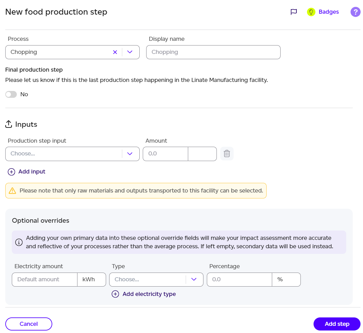 Production step details panel