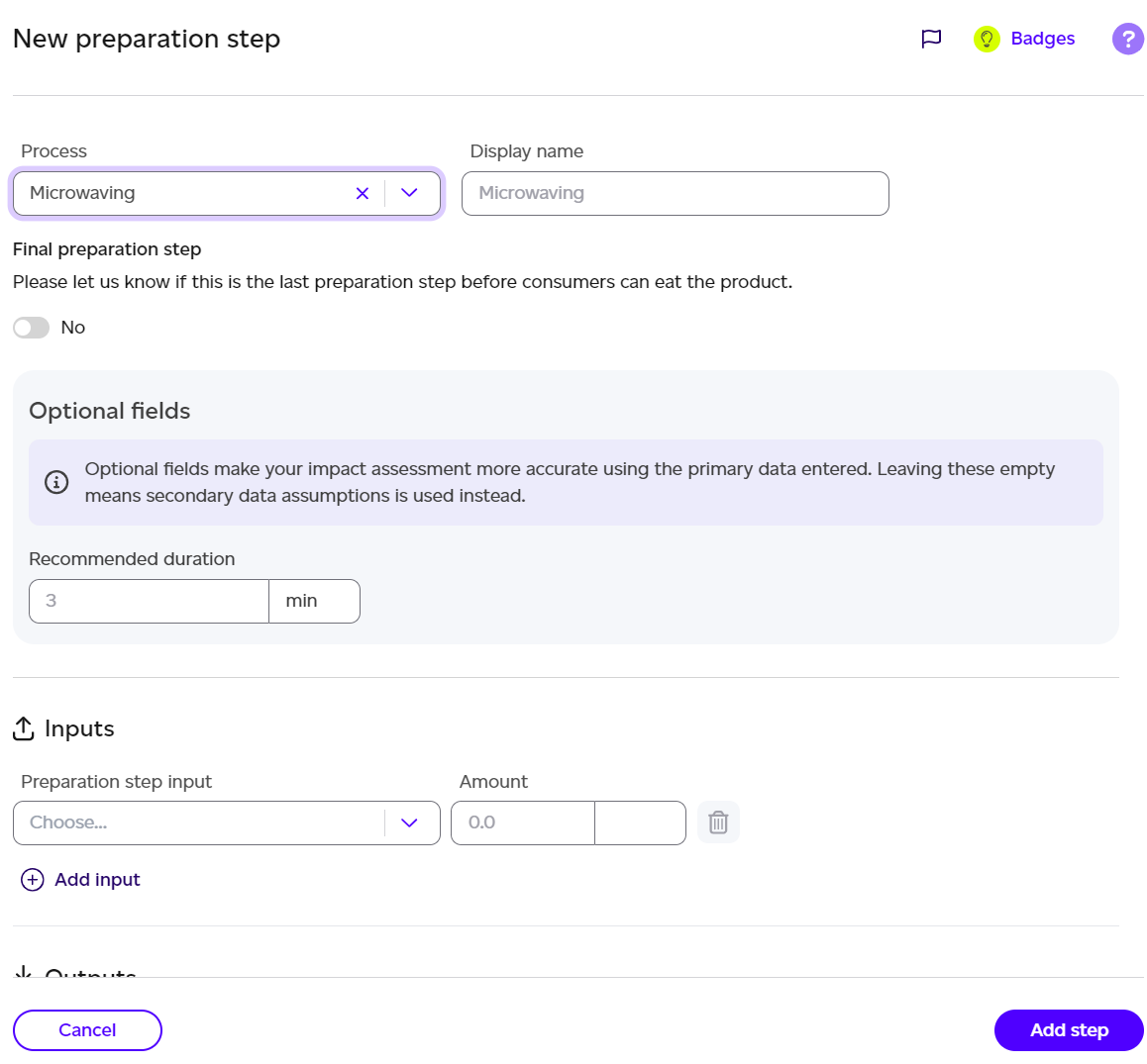 Preparation step configuration detail