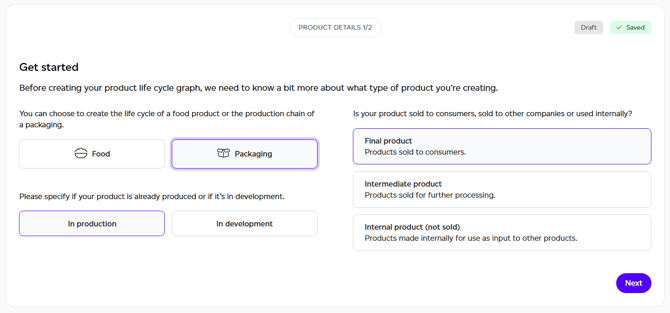 Product type selection screen for a packaging product
