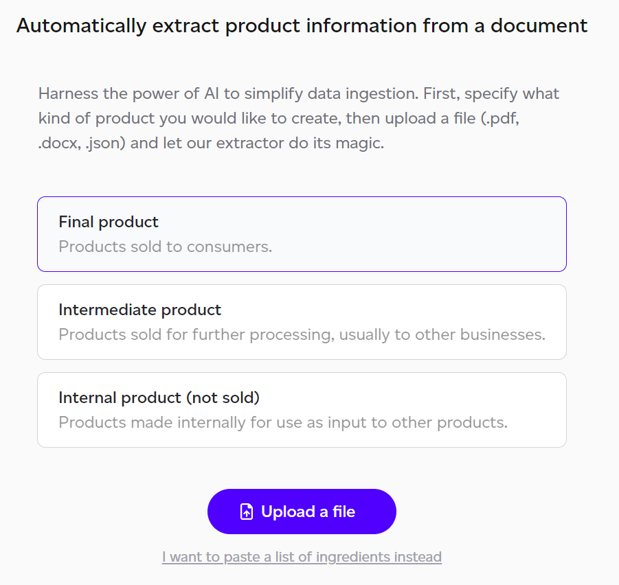 Uploading a product specification file for AI extraction