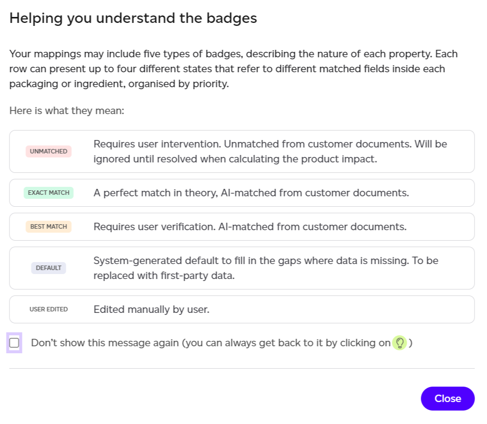 Modal explaining the data mapping status badges
