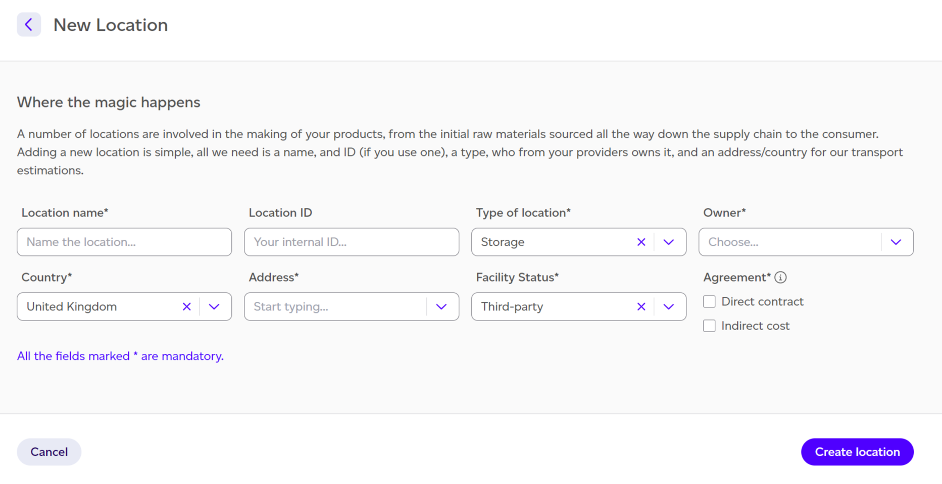 Form for creating a new location with its details