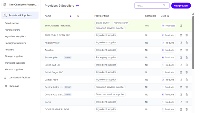 Providers and suppliers list view in the Sustained platform