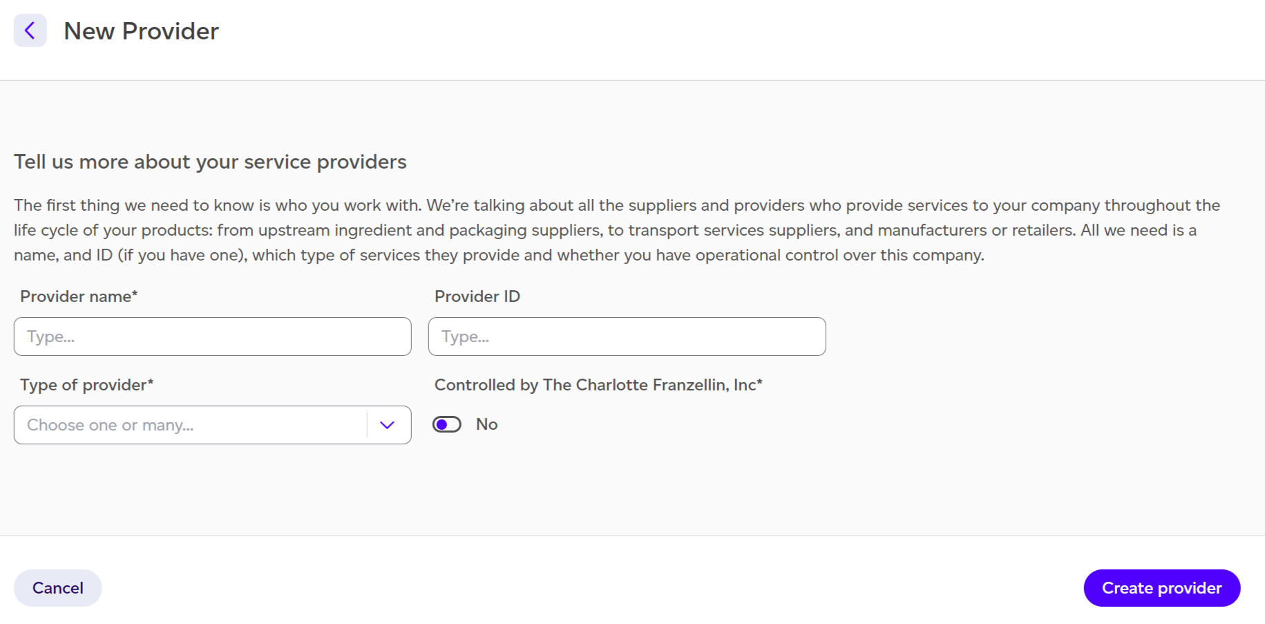 Form for creating a new provider with its details