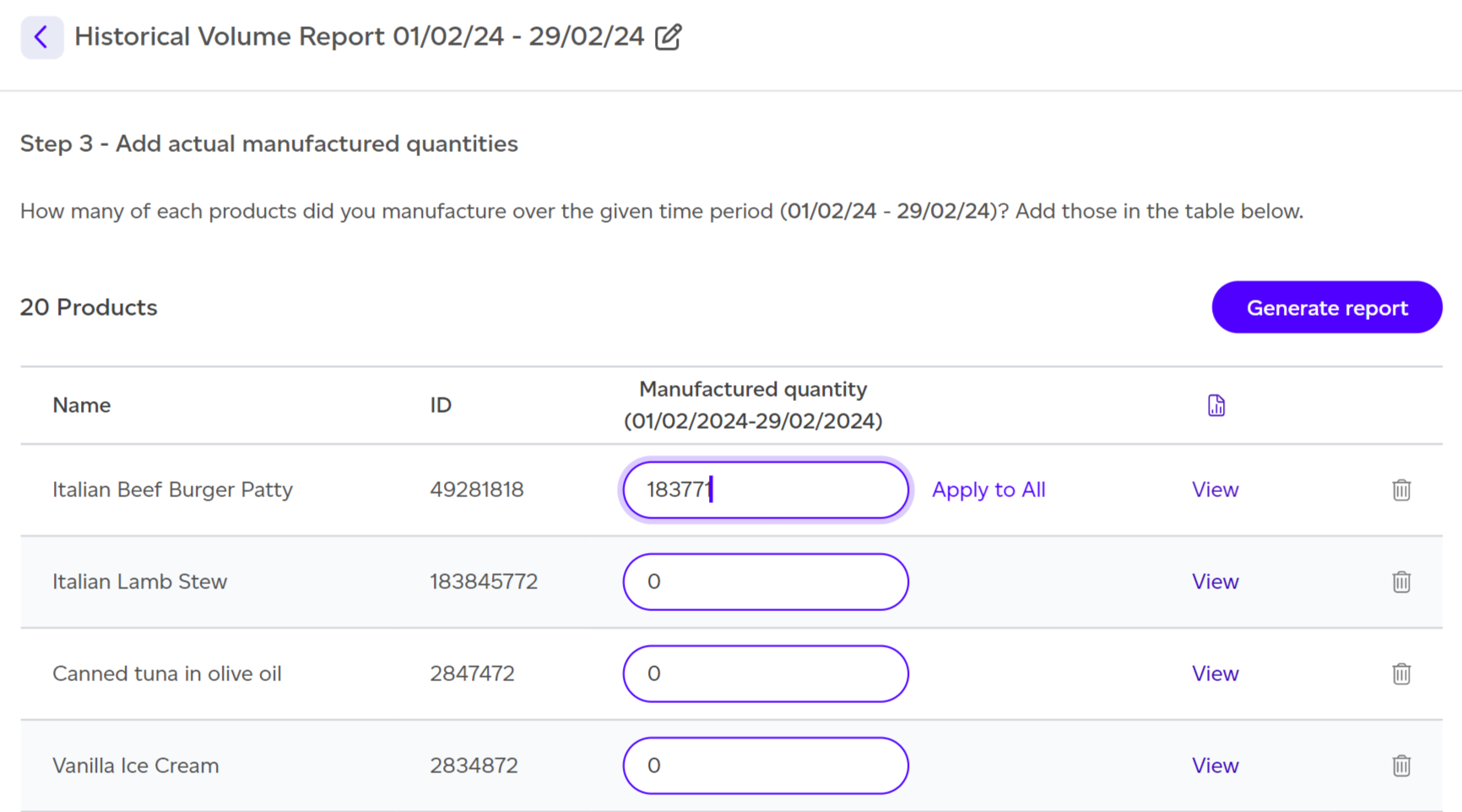 Generate Report button for the manually entered historical data.