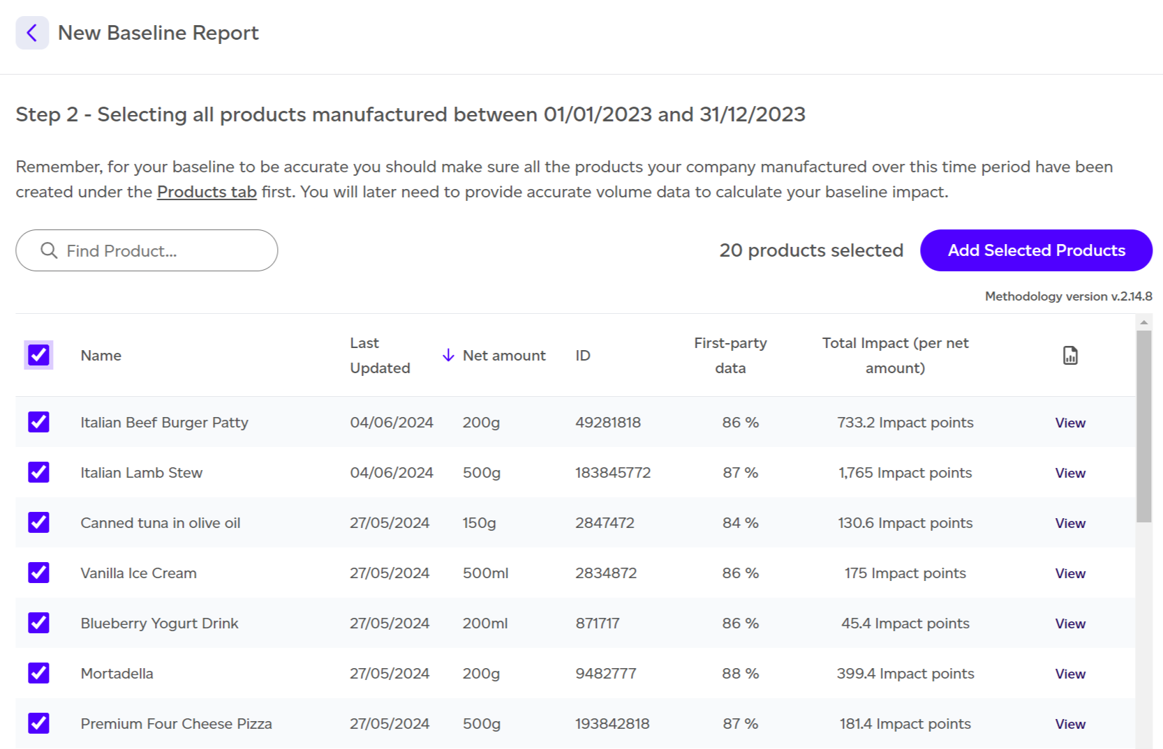 Product selection list with sortable columns and search.