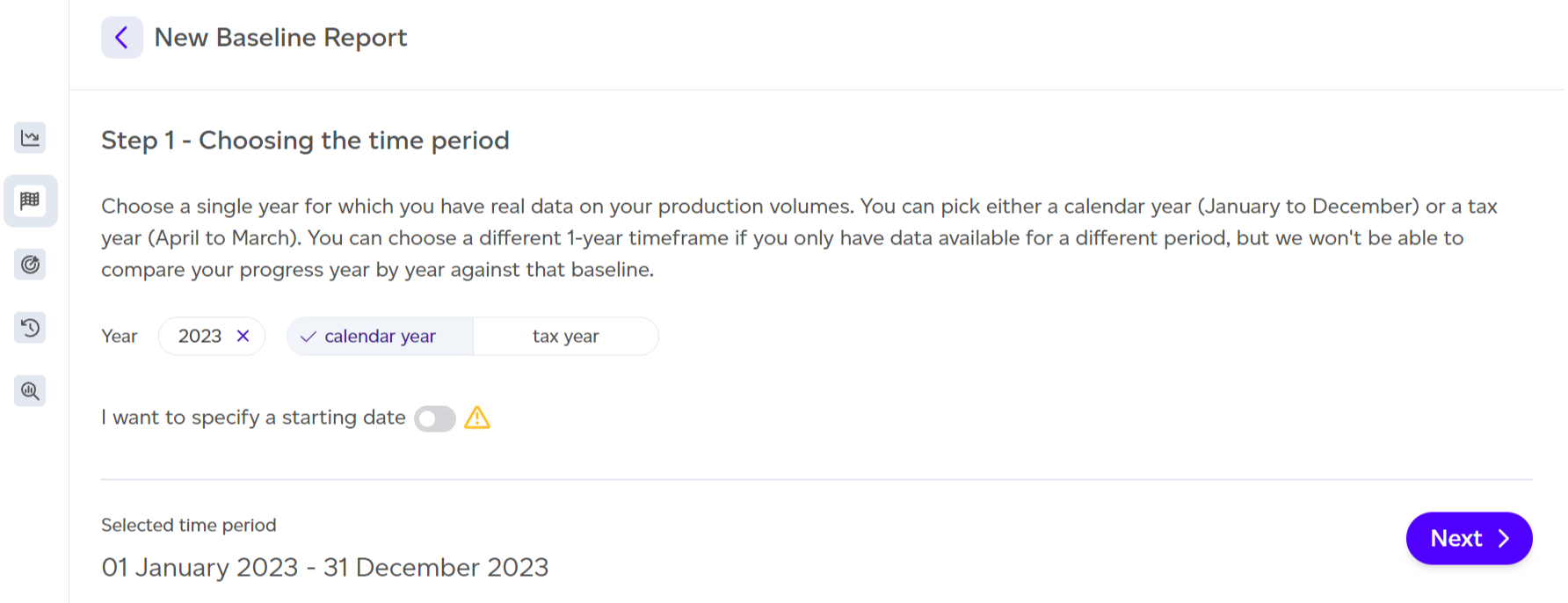 Selecting the reference period for the file import method.