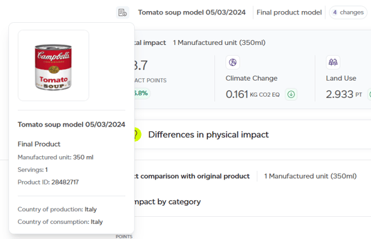 Original product details panel within the change-modelling report