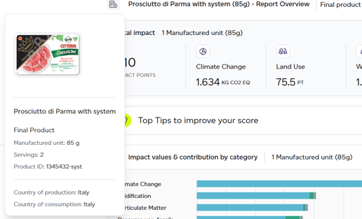 Product details section of the dashboard